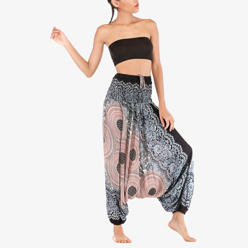 Nimara Ritual Two Style Wear Round Geometric Pattern Loose Smocked Harem Trousers Jumpsuit High Waist Women's Yoga Pants