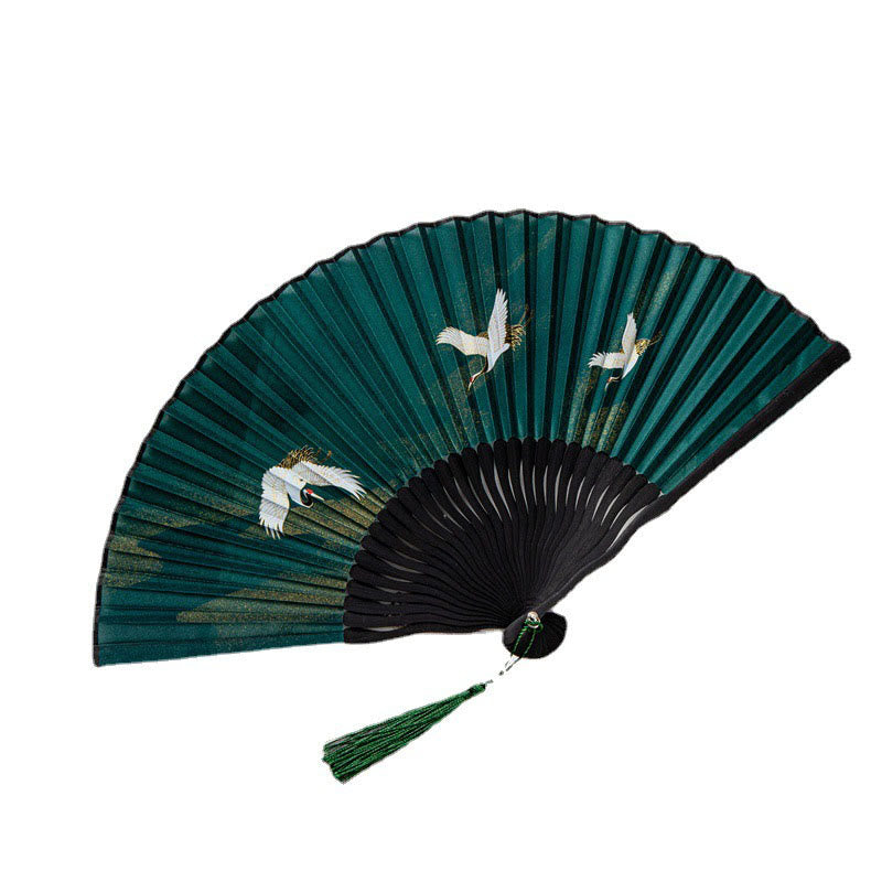 Nimara Ritual Flying White Crane Sun Cloud Handheld Silk Bamboo Folding Fan 22cm