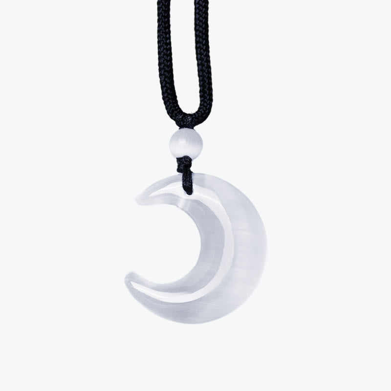 Nimara Ritual Natural Silver Sheen Obsidian Selenite Crystal Crescent Moon Yin Yang Couple Protection Necklace Pendant