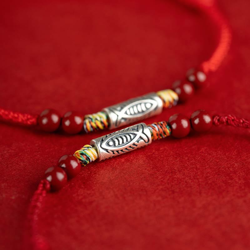 Nimara Ritual 925 Sterling Silver Koi Fish Cinnabar Bead Wealth Handcrafted Braided Bracelet Anklet