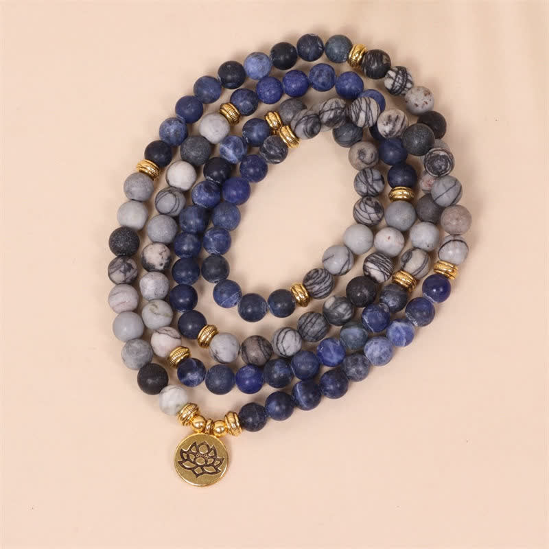 Nimara Ritual 108 Mala Beads Sodalite Zebra Jasper Crystal Lotus Strength Bracelet