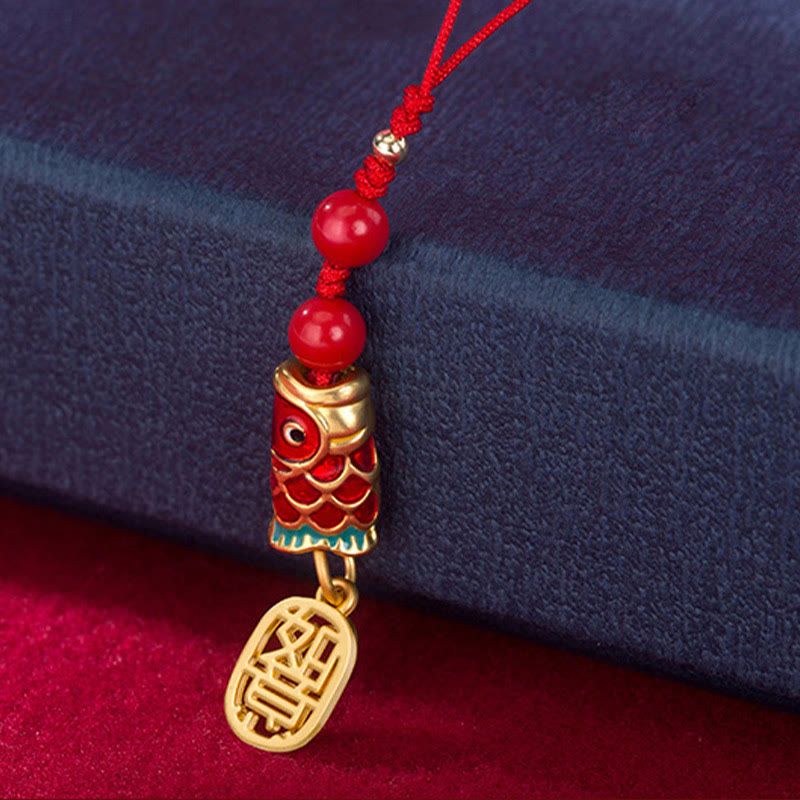 Nimara Ritual Koi Fish Cinnabar Attracting Wealth Wish Ruyi Charm Luck Phone Hanging Decoration