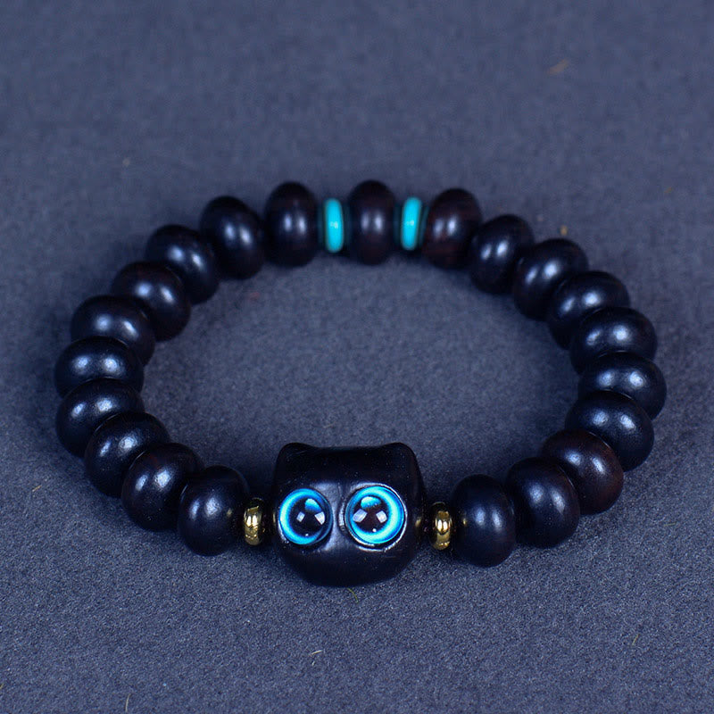 Nimara Ritual Ebony Wood Liuli Glass Lovely Cat Peace Balance Bracelet