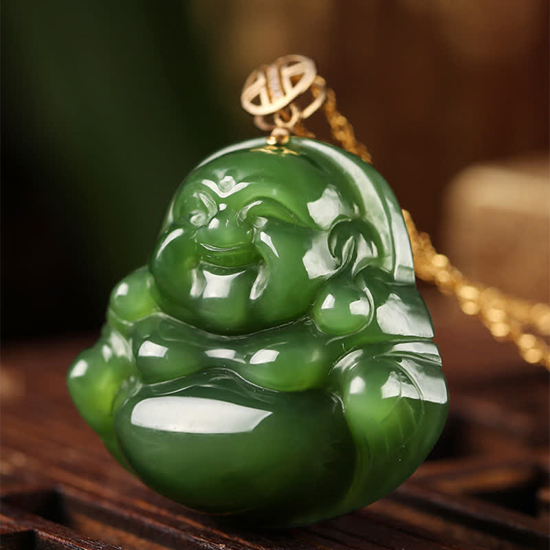 Nimara Ritual 925 Sterling Silver Laughing Buddha Hetian Cyan Jade 18K Gold Success Necklace Chain Pendant
