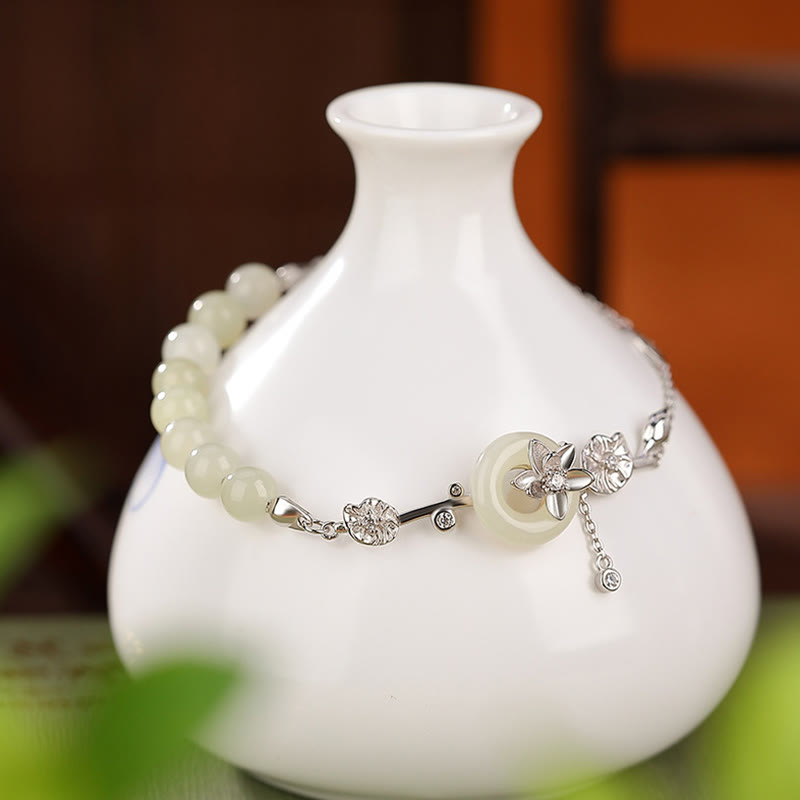 Nimara Ritual 925 Sterling Silver Hetian Jade Peace Buckle Lotus Luck Chain Bracelet