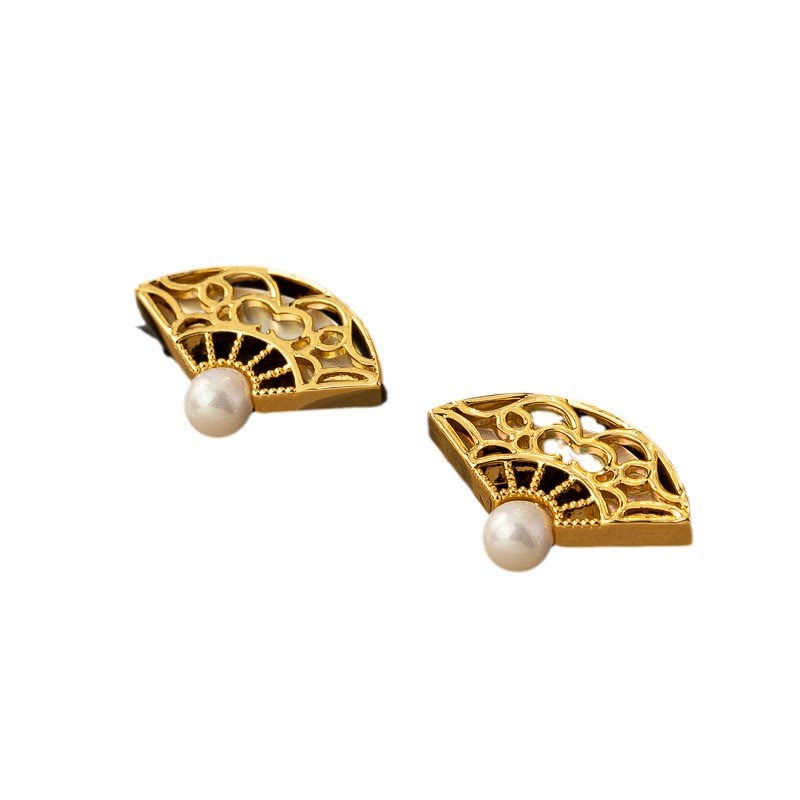 Nimara Ritual 925 Sterling Silver Posts Fan Pattern Pearl Copper Wisdom Stud Drop Earrings
