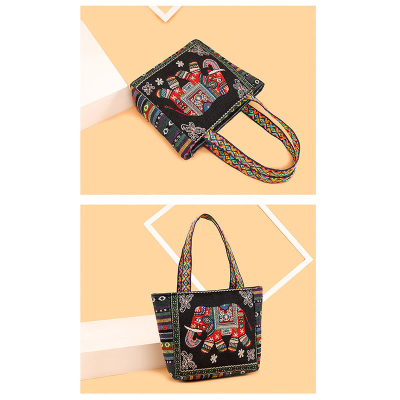 Nimara Ritual Elephant Butterfly Embroidered Large Capacity Canvas Tote Bag Shoulder Bag
