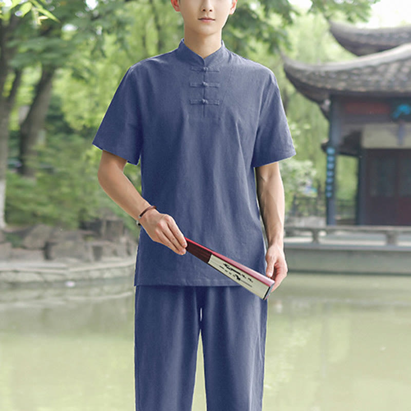 Nimara Ritual 2Pcs Men's Short Sleeve Shirt Top T-Shirt Pants Meditation Zen Tai Chi Cotton Linen Clothing Set