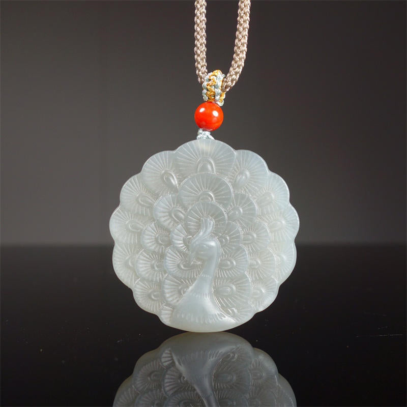 Nimara Ritual White Jade Peacock Protection Blessing Necklace Pendant