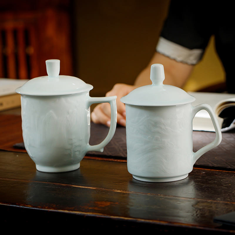 Nimara Ritual Jingdezhen White Porcelain Handmade Great Wall Landscape Engraved Ceramic Teacup Office Mug Tea Cups