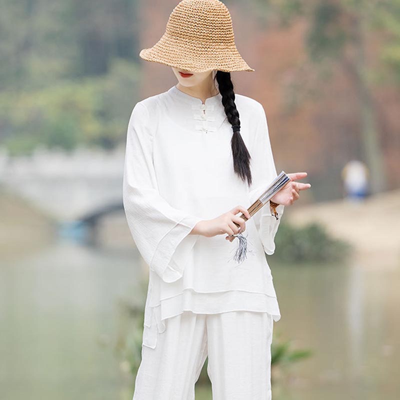 Nimara Ritual 2Pcs Plain Design Top Pants Meditation Yoga Zen Tai Chi Cotton Linen Clothing Women's Set