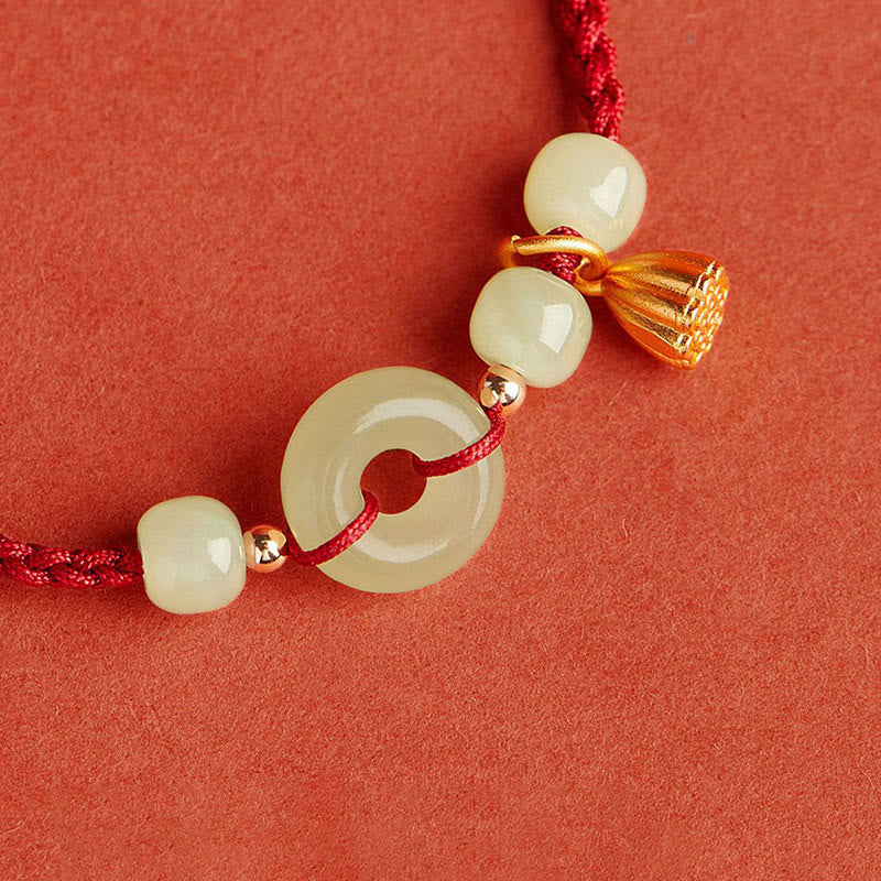 Nimara Ritual Round Peace Buckle Jade Lotus Happiness Abundance Wealth String Bracelet