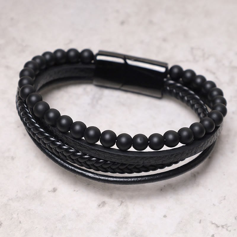 Nimara Ritual Natural Lava Rock Black Onyx Bead Leather Bracelet