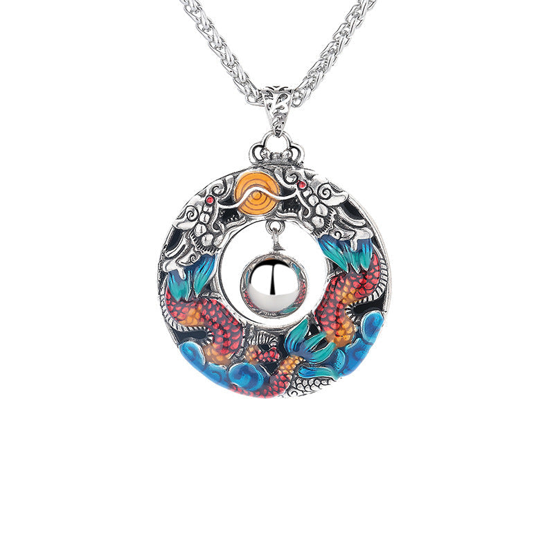 Nimara Ritual Year of the Dragon Colorful Double Dragons Playing Bead Copper Protection Necklace Pendant