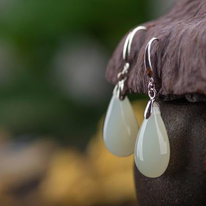 Nimara Ritual Hetian White Jade Water Drop Luck Blessing Dangle Earrings