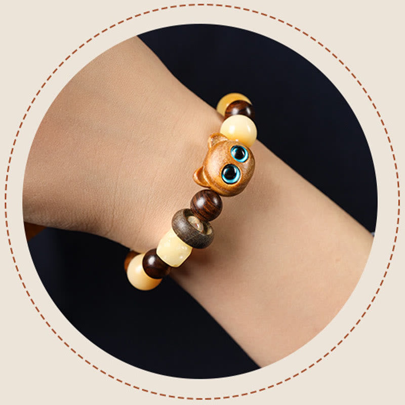 Nimara Ritual Natural Bodhi Seed Sandalwood Lucky Cute Cat Head Paw Claw Peace Bracelet