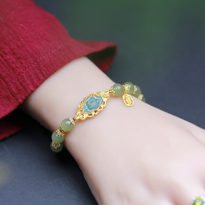 Nimara Ritual 925 Sterling Silver Plated 14K Gold Hetian Jade Lotus Luck Bracelet