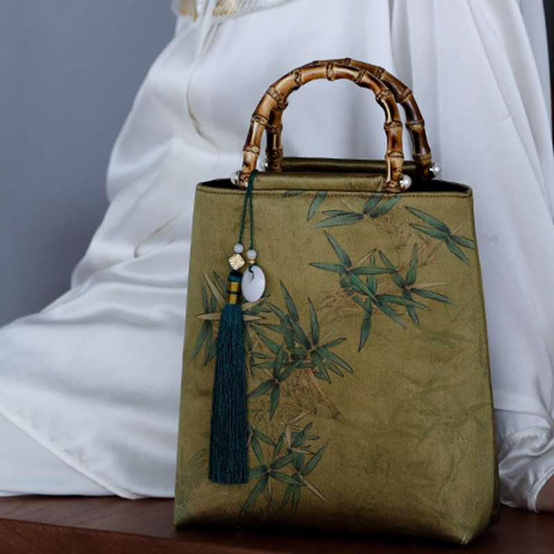 Nimara Ritual Yellow Green Bamboo Leaves Bamboo Handles Handbag