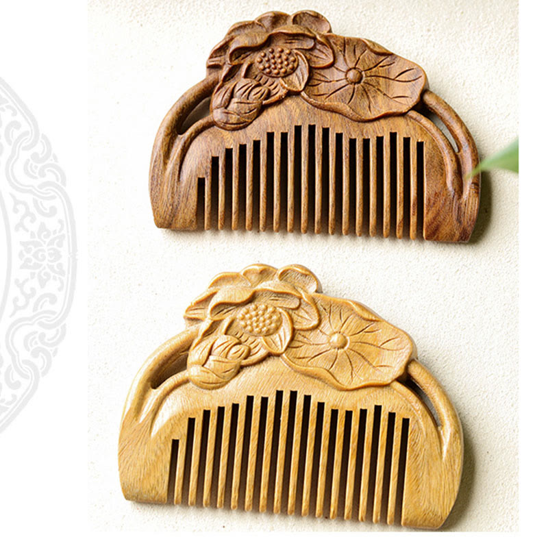 Nimara Ritual Natural Green Sandalwood Lotus Flower Leaf Engraved Soothing Comb