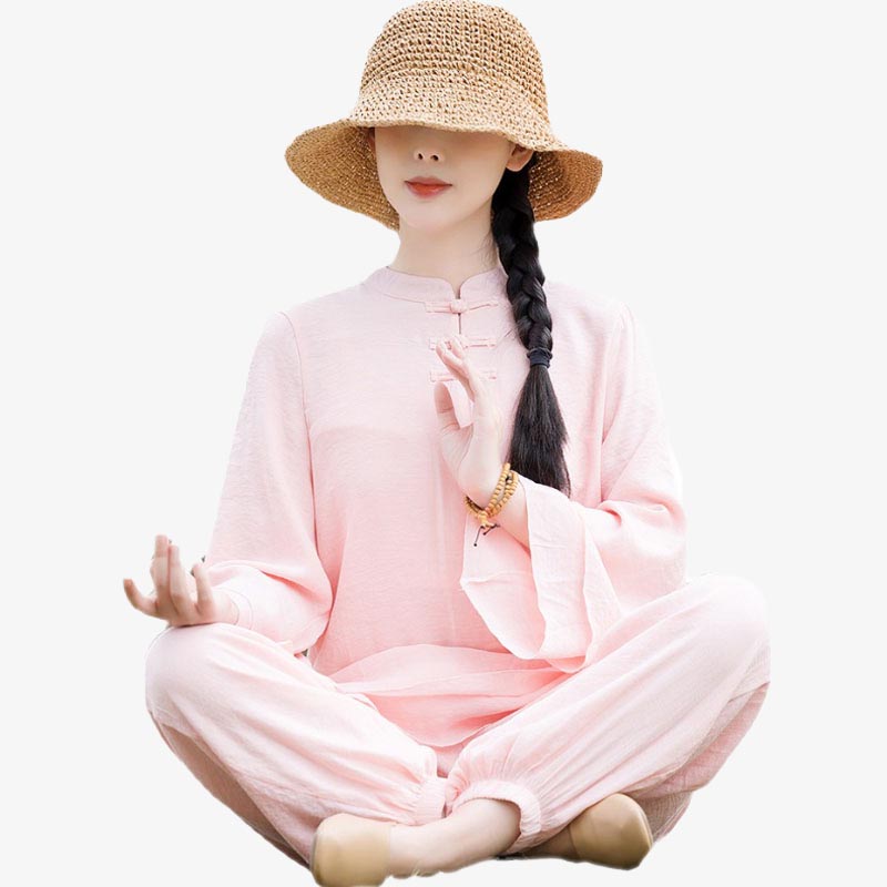 Nimara Ritual 2Pcs Plain Design Top Pants Meditation Yoga Zen Tai Chi Cotton Linen Clothing Women's Set