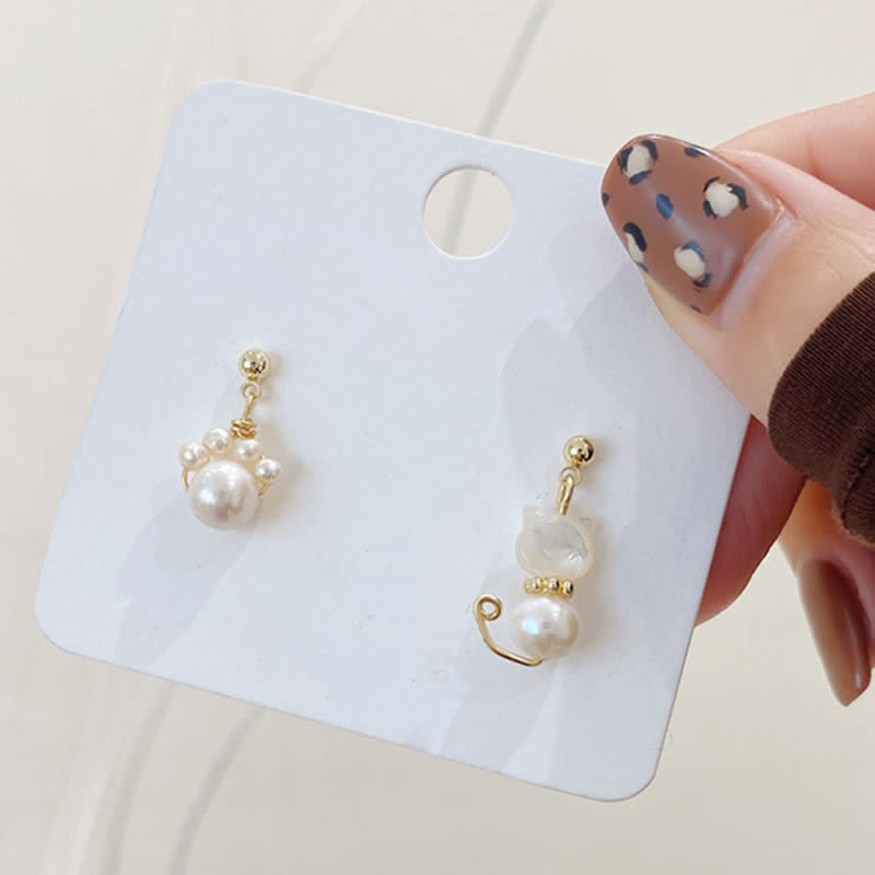 Nimara Ritual Cute Cat Paw Pearl Wisdom Stud Drop Earrings