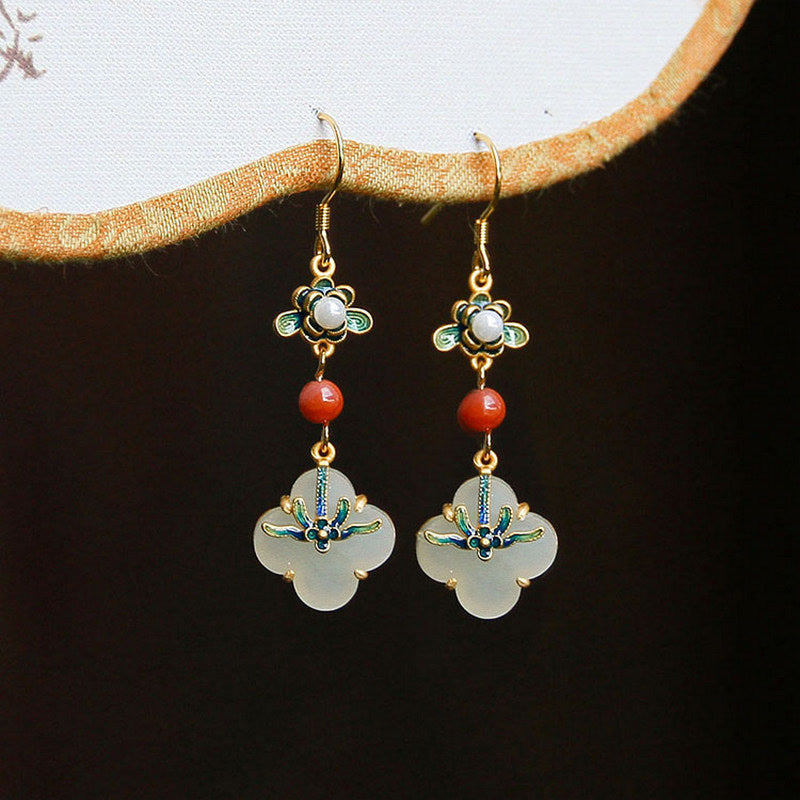 Nimara Ritual Lucky Four Leaf Clover Jade Abundance Copper Earrings