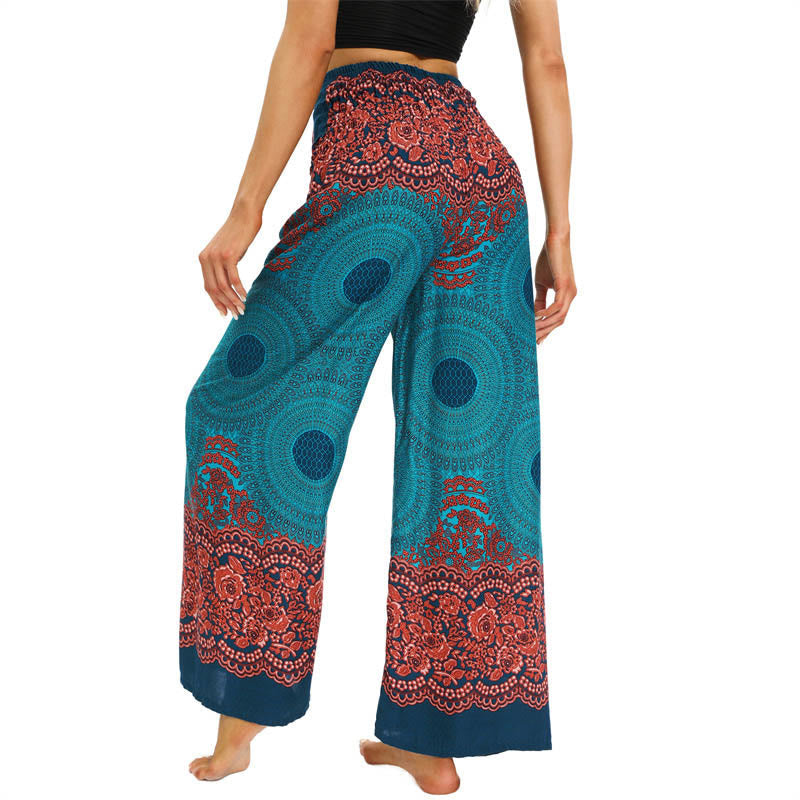Nimara Ritual Bohemian Compass Flower Print Lace-up Wide Leg Pants Women's Yoga Pants