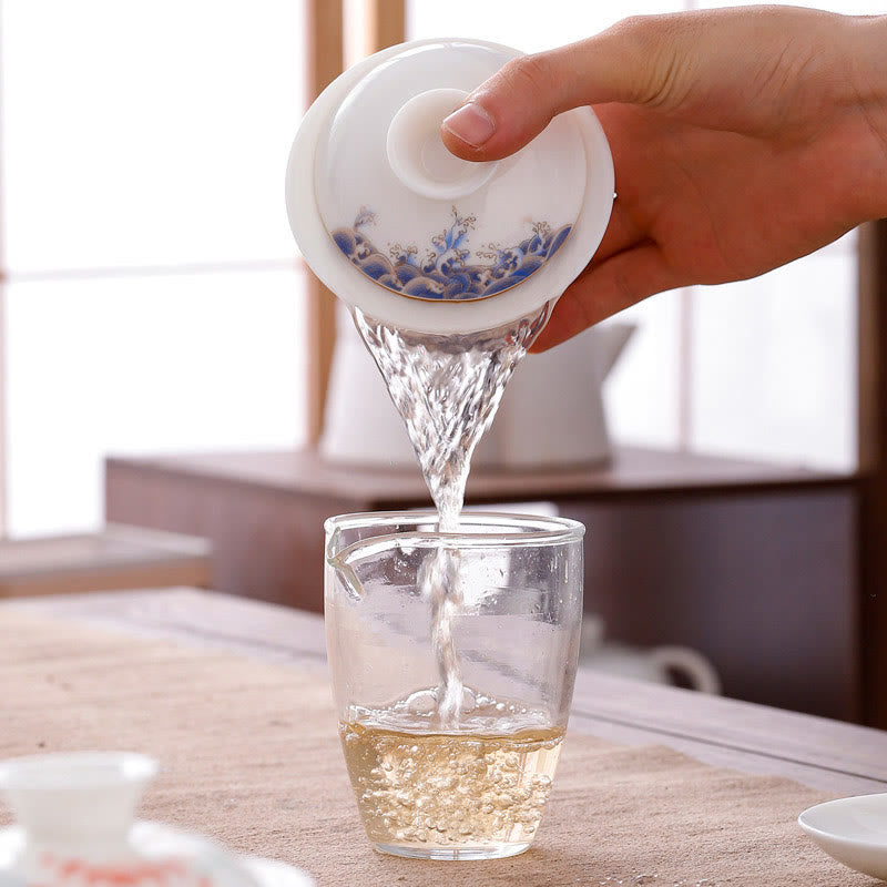 Nimara Ritual White Porcelain Mountain Landscape Countryside Ceramic Gaiwan Teacup Kung Fu Tea Cup And Saucer With Lid