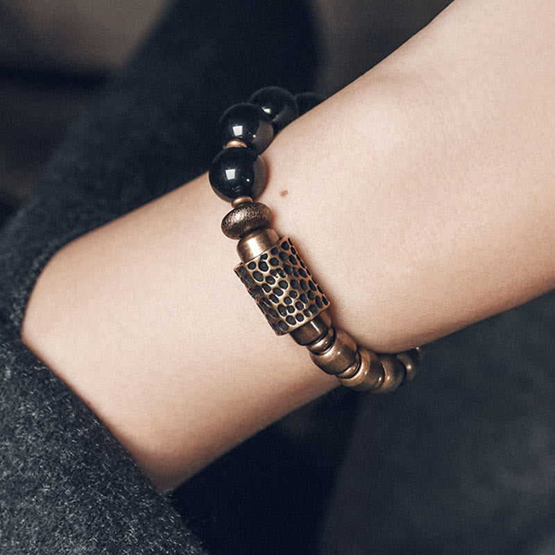 Nimara Ritual Lava Rock Stone Rainbow Obsidian Brass Support Healing Bracelet