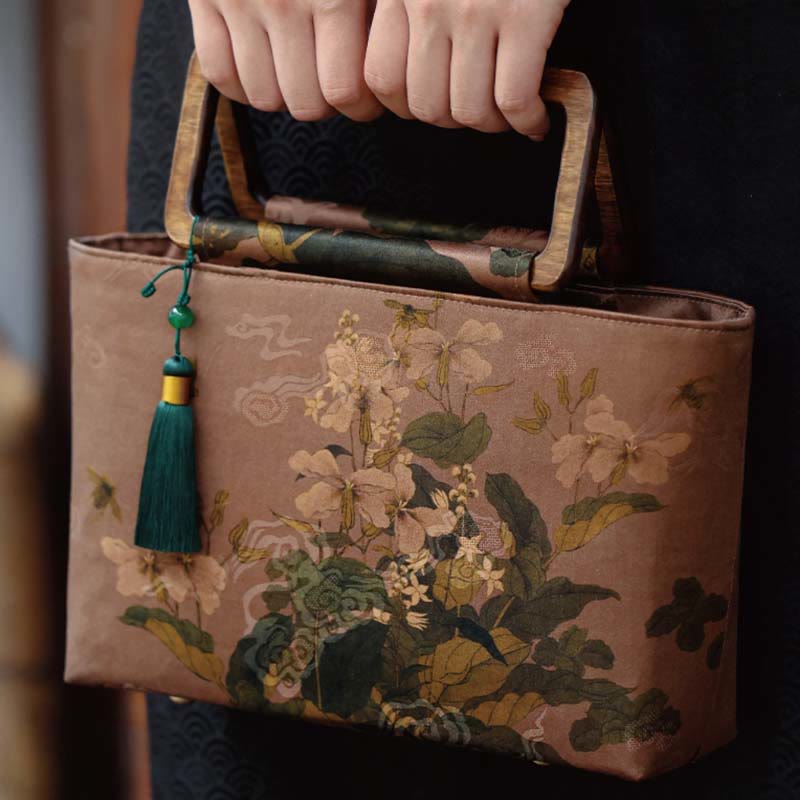 Nimara Ritual Vintage Brown Flowers Green Bamboo Leaves Wood Handles Zipper Handbag