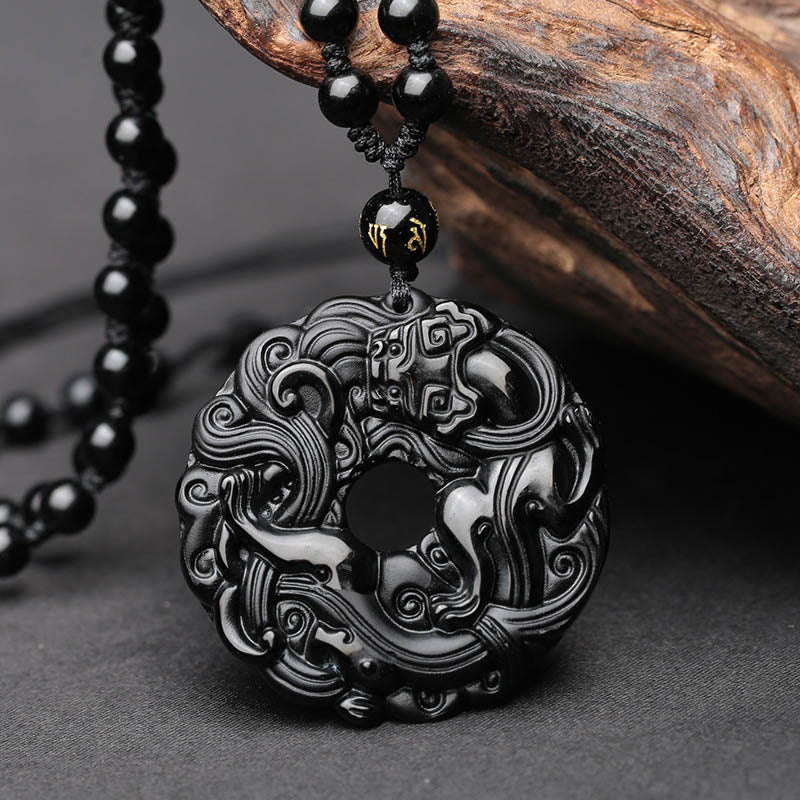Nimara Ritual Natural Black Obsidian Peace Buckle Pixiu Purification Necklace Pendant