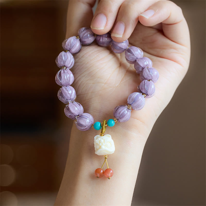 Nimara Ritual Liuli Glass Bead Lotus Design Fluorite Ivory Fruit Dancing Lion Charm Enlightenment Bracelet