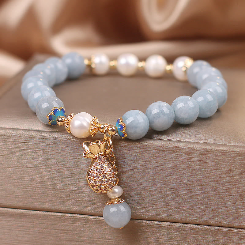 Nimara Ritual Aquamarine Pearl Fortune Money Bag Charm Bracelet