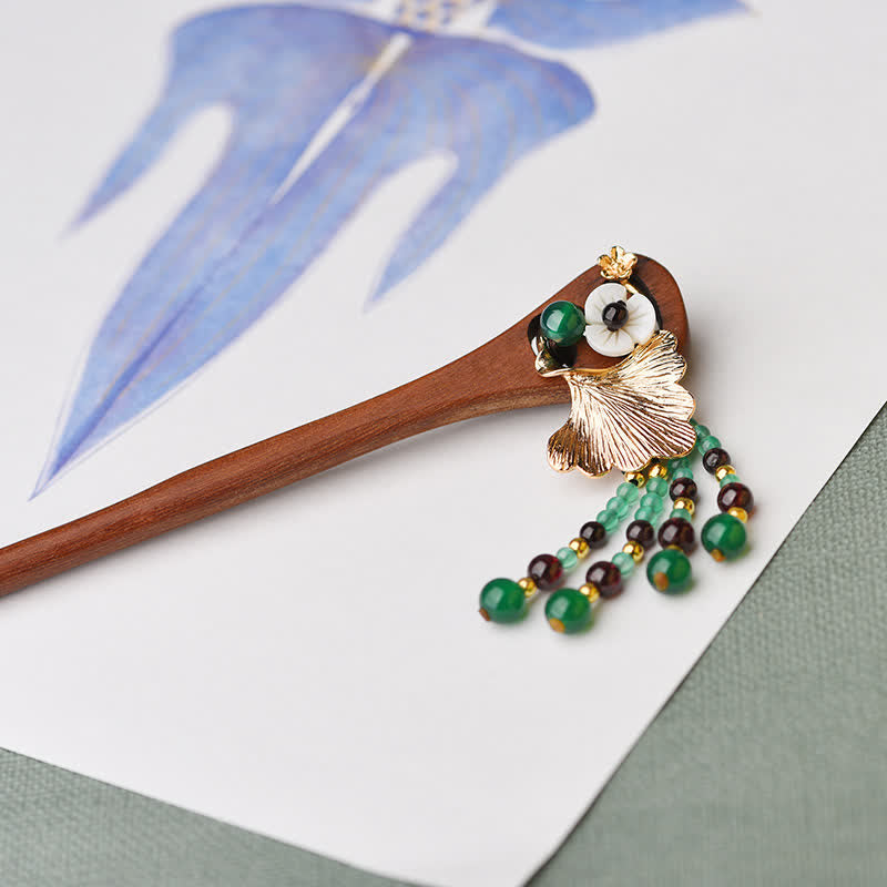 Nimara Ritual Red Sandalwood Green Agate Ginkgo Leaf Protection Hairpin