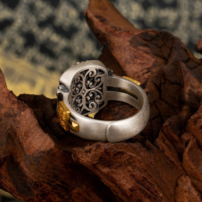 Nimara Ritual 925 Sterling Silver Zakiram Goddess of Wealth Design Dzi Bead Protection Ring