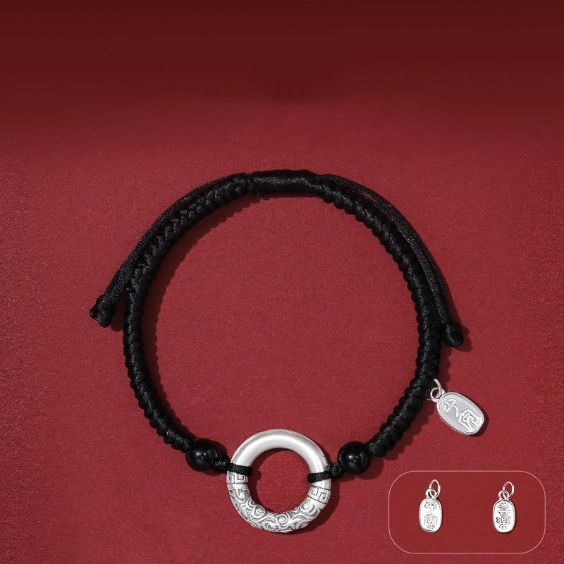 Nimara Ritual 925 Sterling Silver Black Onyx Peace Buckle Fu Character Charm Bracelet