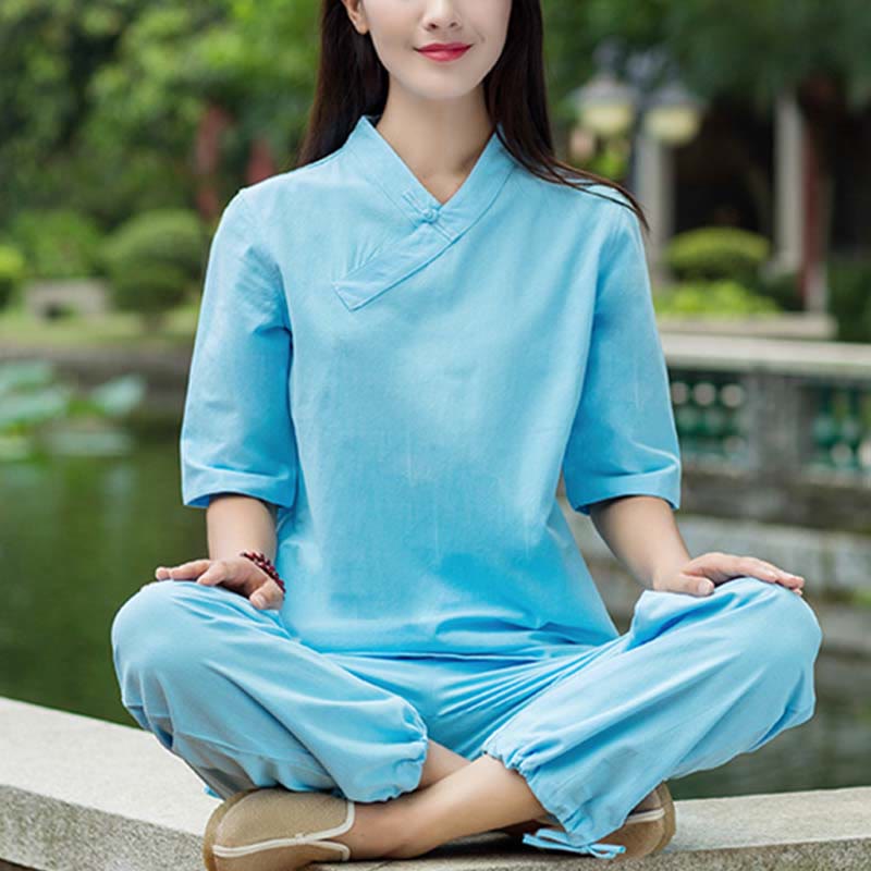 Nimara Ritual 2Pcs Half Sleeve V-Neck Shirt Top Pants Meditation Zen Tai Chi Linen Clothing Women's Set