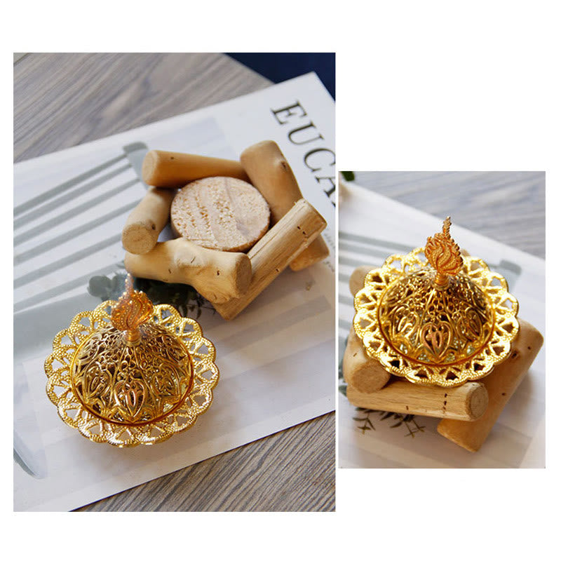 Nimara Ritual Gold Alloy Healing Mini Incense Burner With Wooden Coaster Home Decor