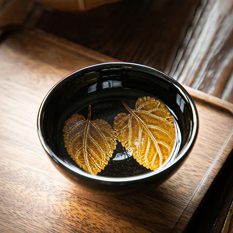 Nimara Ritual Gold Maple Leaf Chinese Jianzhan Ceramic Teacup Tenmoku Kung Fu Tea Cup Bowl