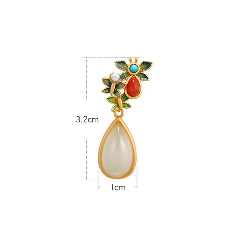 Nimara Ritual Water Drop White Jade Red Agate Butterfly Protection Drop Dangle Earrings
