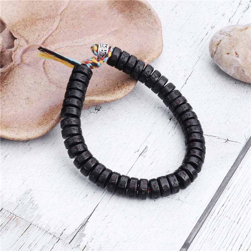 Nimara Ritual Tibetan Coconut Shell Beads Engraved Om Mani Padme Hum Mantra Happiness Bracelet