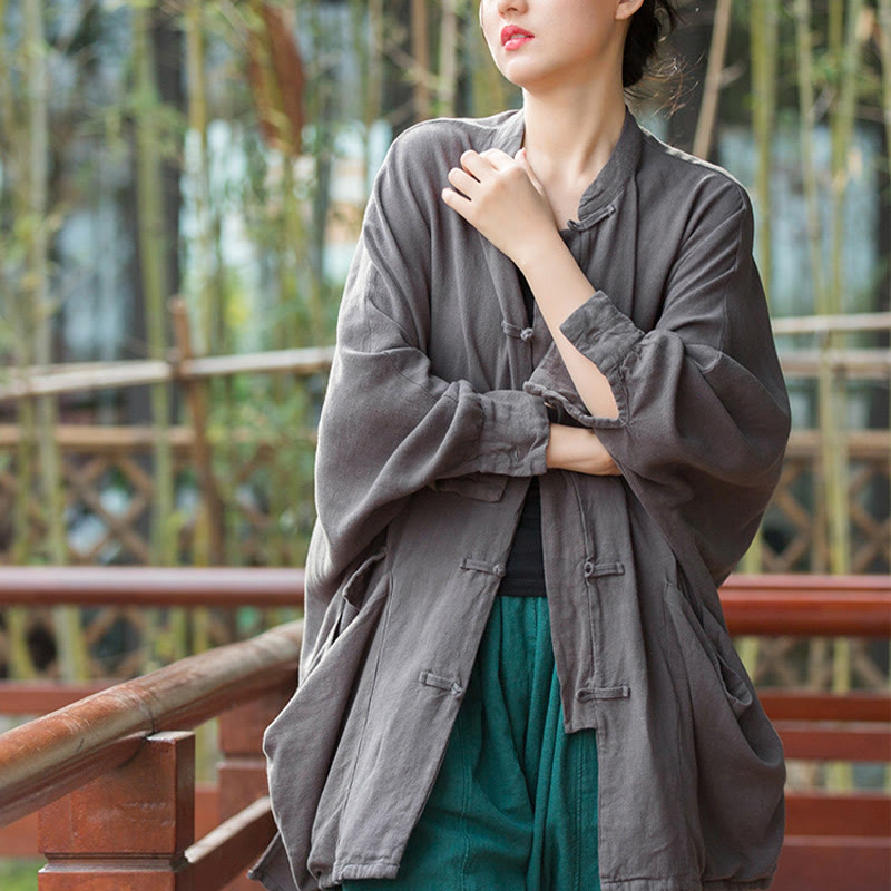 Nimara Ritual Frog-Button Long Sleeve Zen Meditation Open Front Jacket With Pockets