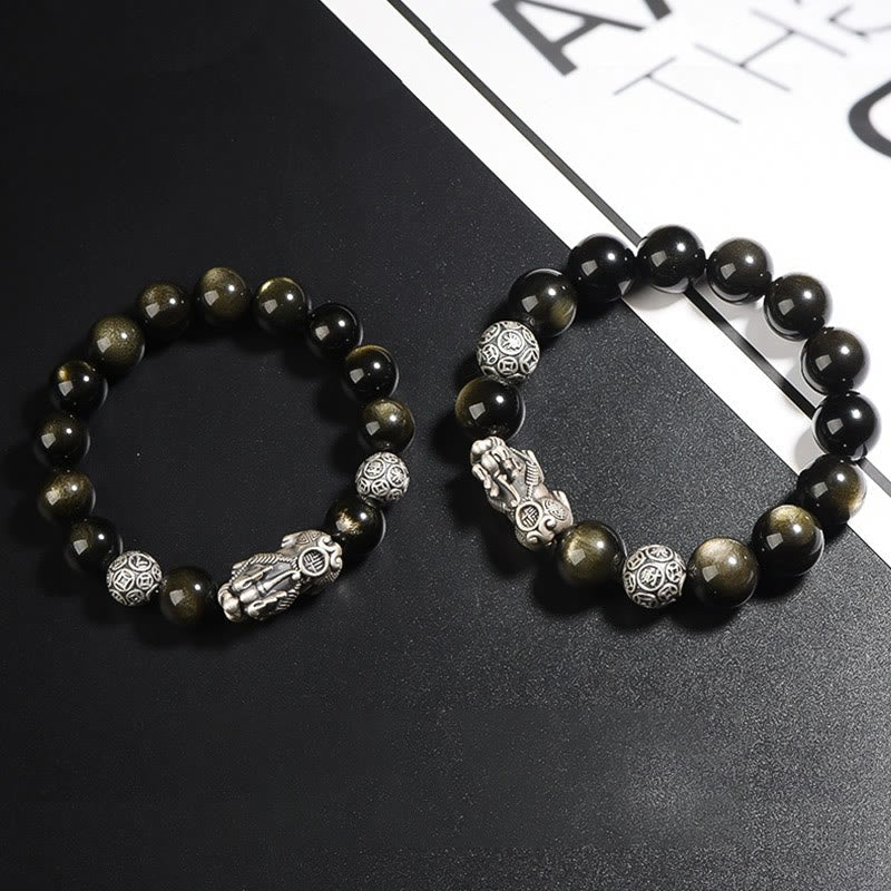 Nimara Ritual 925 Sterling Silver Natural Gold Sheen Obsidian PiXiu Wealth Protection Bracelet