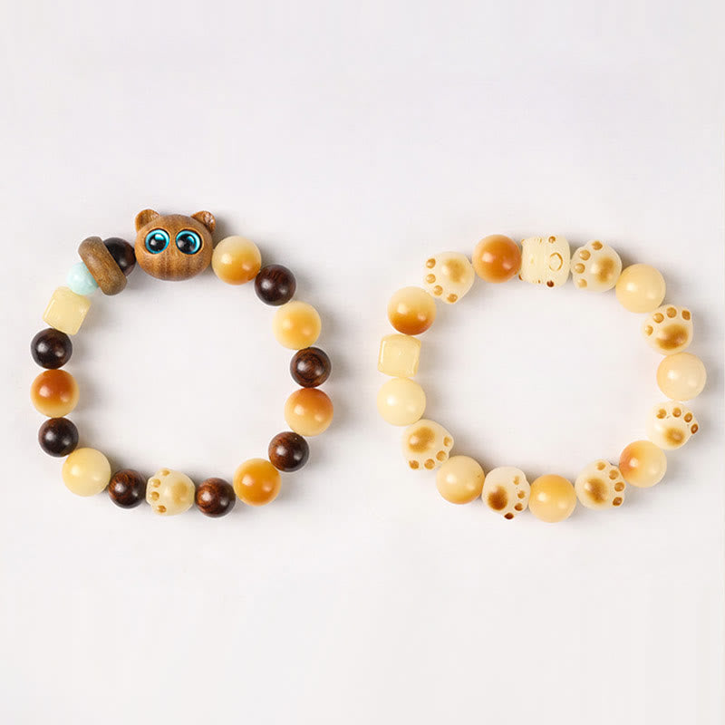 Nimara Ritual Natural Bodhi Seed Sandalwood Lucky Cute Cat Head Paw Claw Peace Bracelet