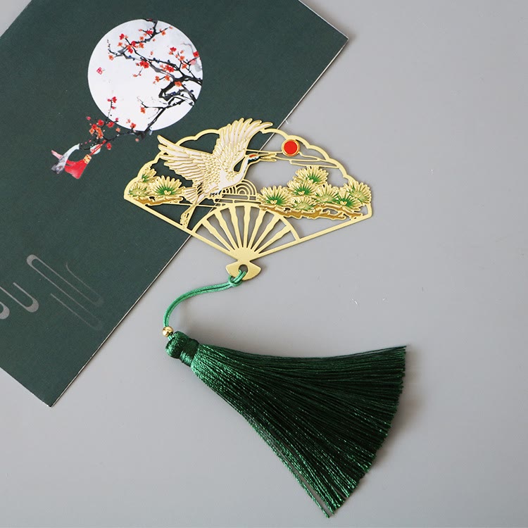 Nimara Ritual Traditional Butterfly Lotus Flower Crane Dragon Phoenix Fox Koi Fish New Beginning Metal Brass Hollow Fan Bookmarks