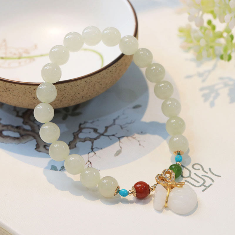 Nimara Ritual Natural Hetian White Jade 14K Gold Plated Money Bag Blessing Bracelet