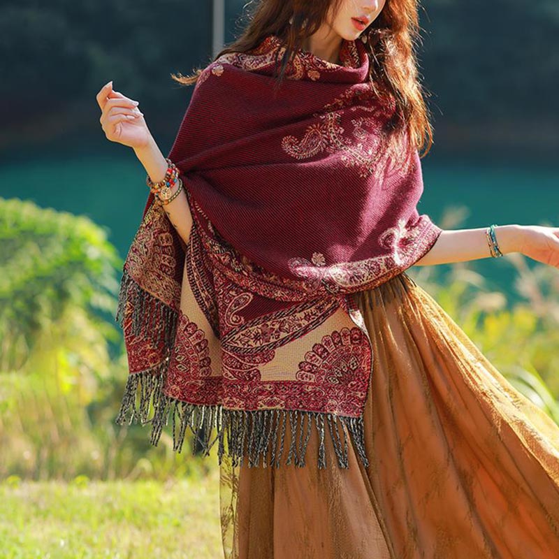 Nimara Ritual Tibetan Vine Leaves Pattern Design Shawl Cozy Travel Scarf Wrap