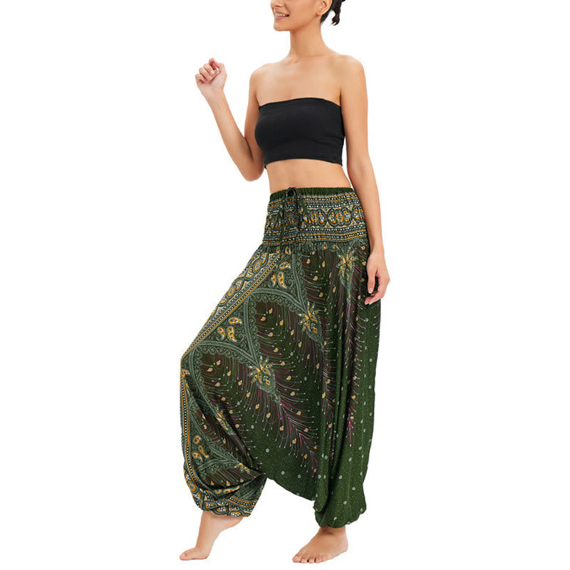 Nimara Ritual Two Style Wear Peacock Feather Loose Smocked Harem Trousers Jumpsuit High Waist Pants