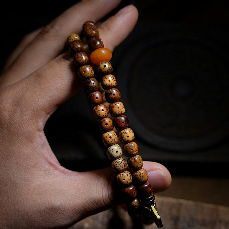 Nimara Ritual Tibetan Bodhi Seed Amber Dzi Bead Agate Zakiram Goddess of Wealth Beads Triple Wrap Bracelet