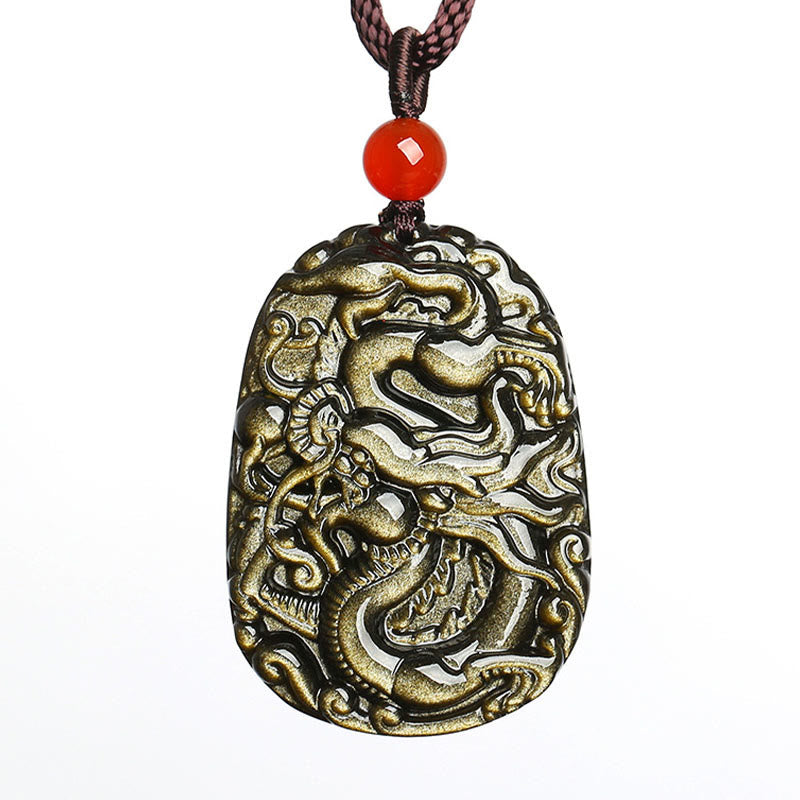 Nimara Ritual Gold Sheen Obsidian Dragon Pattern Success Necklace Pendant
